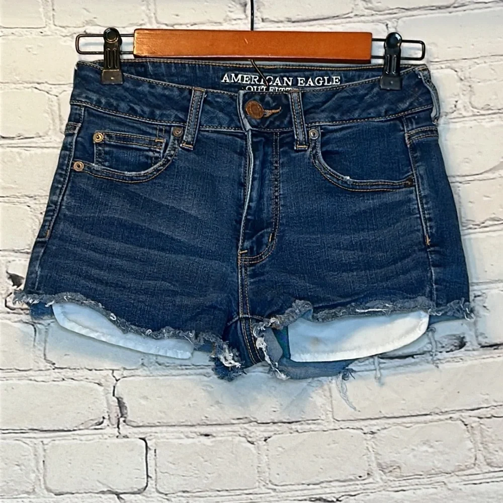 American Eagle Raw Hem Hi-Rise Shortie Blue Jean Shorts Size 4